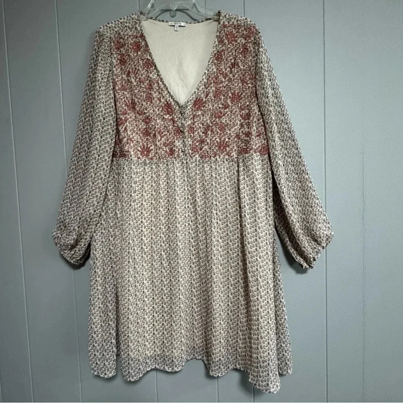 JODIFL Dresses & Skirts - JODIFL Boho Mini Floral Print Dress Embroidered Top Long Sleeves Size Large